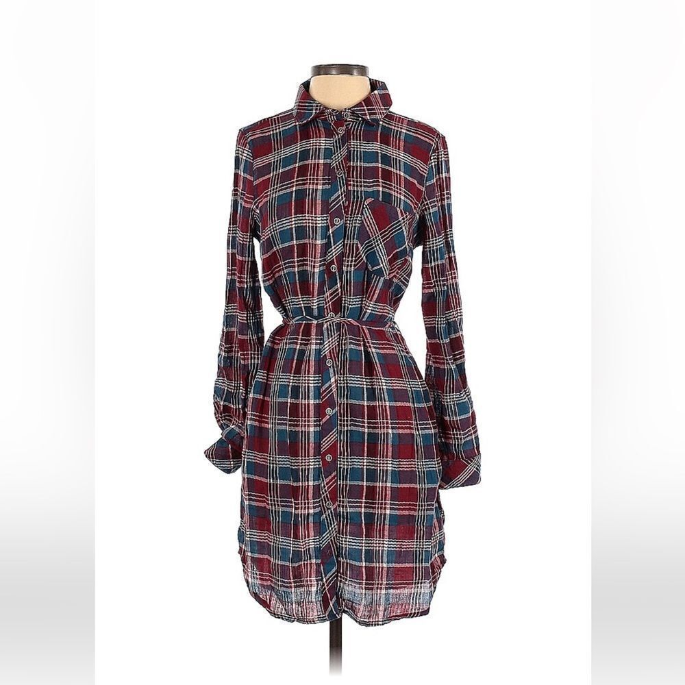 KUT from the Kloth Aqua Merlot Plaid Button Up Shirt Dress Sz S